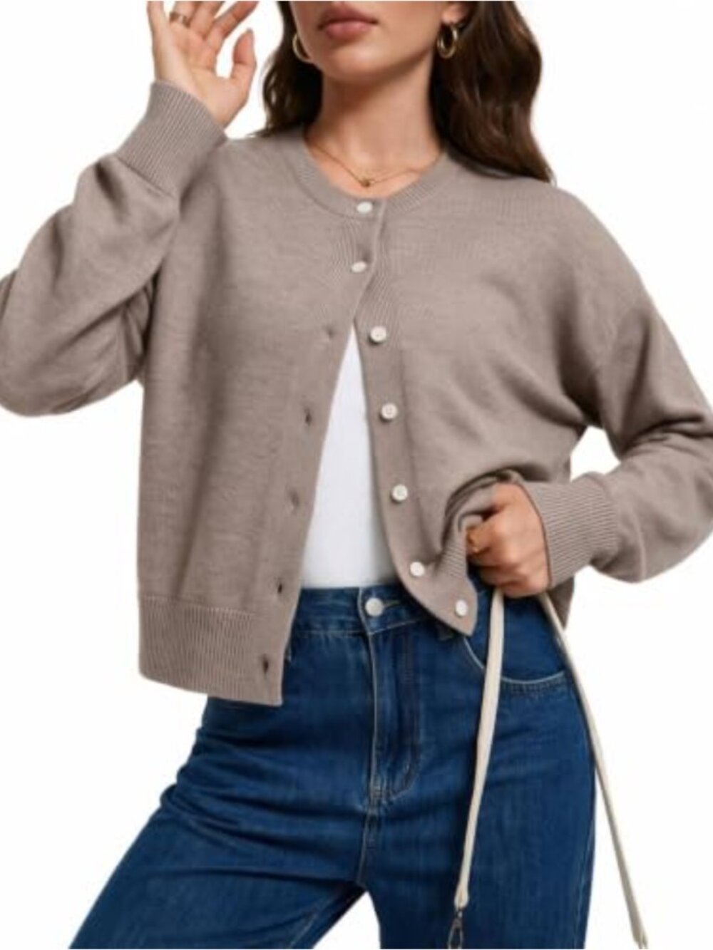 Cropped Knit Cardigan Sweater Crew Neck Button Up Long Sleeve
